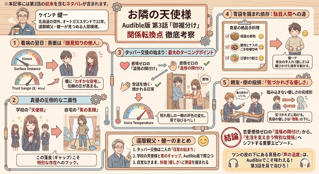 ライトノベル『お隣の天使様』のAudible版第3話「御裾分け」における、主人公とヒロインの関係性の転換点を5つのポイント(距離感、二面性、タッパー交換、胃袋を掴まれる依存、親友の指摘)と結論、健一のまとめで分かりやすく図解したインフォグラフィック画像。