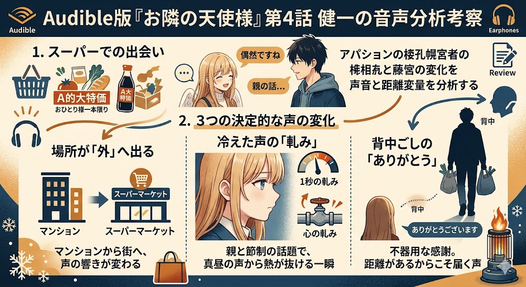 Audible版『お隣の天使様』第4話の音声分析考察をまとめたインフォグラフィック。スーパーでの出会い、場所が外へ出ることによる声の響きの変化、3つの決定的な声の変化(冷えた声の軋み、背中ごしのありがとう)などがイラストやアイコンと共に解説されています。