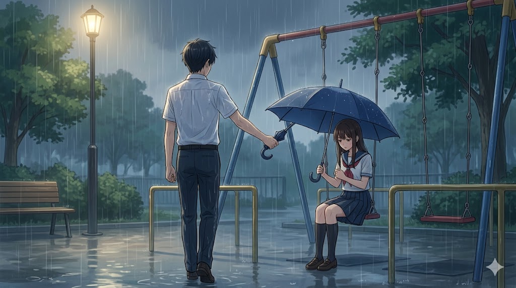 雨の降る夕方の公園で、ブランコに座る女子学生へ男子学生が傘を差し出しているアニメ風イラスト