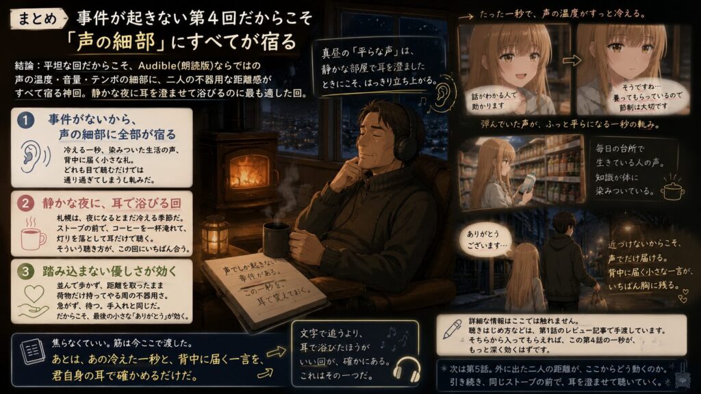暖炉の前でAudibleを聴く男性と、静かな夜の中で描かれる少女との会話シーンをまとめた感想ビジュアル。声の温度や間の演出が印象的な第4話レビュー。