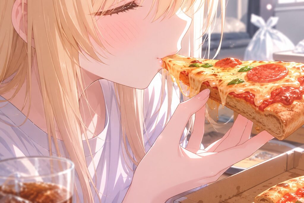 頬を赤らめた金髪の少女が、とろけるチーズの乗ったピザを嬉しそうに頬張るアニメイラスト。初めて味わう宅配ピザの美味しさに感動する瞬間を描いている。