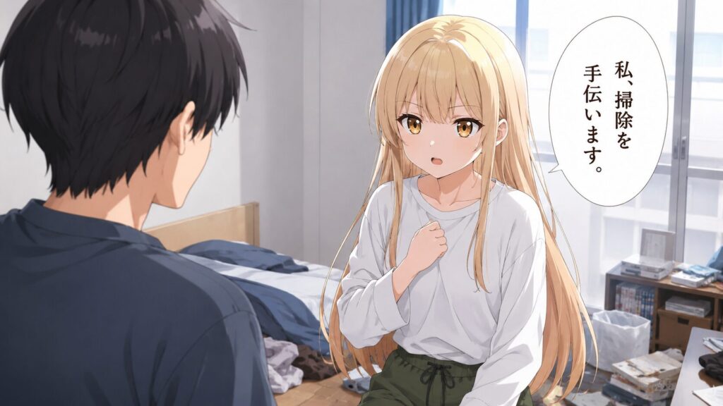 散らかった部屋で少年に向かって「私、掃除を手伝います」と申し出る金髪の少女を描いたアニメイラスト。
