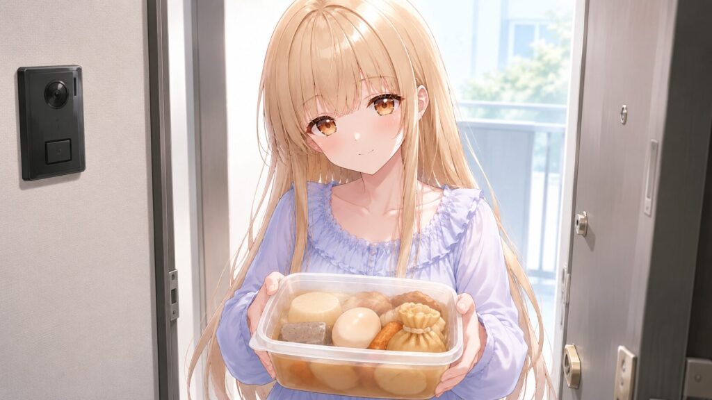 金髪の少女が玄関先に立ち、透明な保存容器に入ったおでんを両手で差し出しているアニメ風イラスト。柔らかな笑顔と優しい雰囲気が印象的で、室内へ届け物をする場面が描かれている。