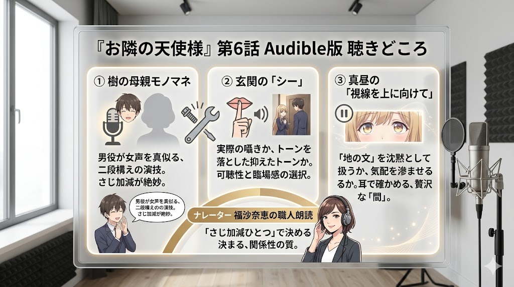 『お隣の天使様』第6話Audible版の聴きどころを紹介する解説画像。樹の母親のモノマネ、玄関での「シー」の場面、真昼の視線表現の3つの注目ポイントがまとめられ、ナレーター福沙奈恵の演技力や朗読表現の魅力が紹介されている。