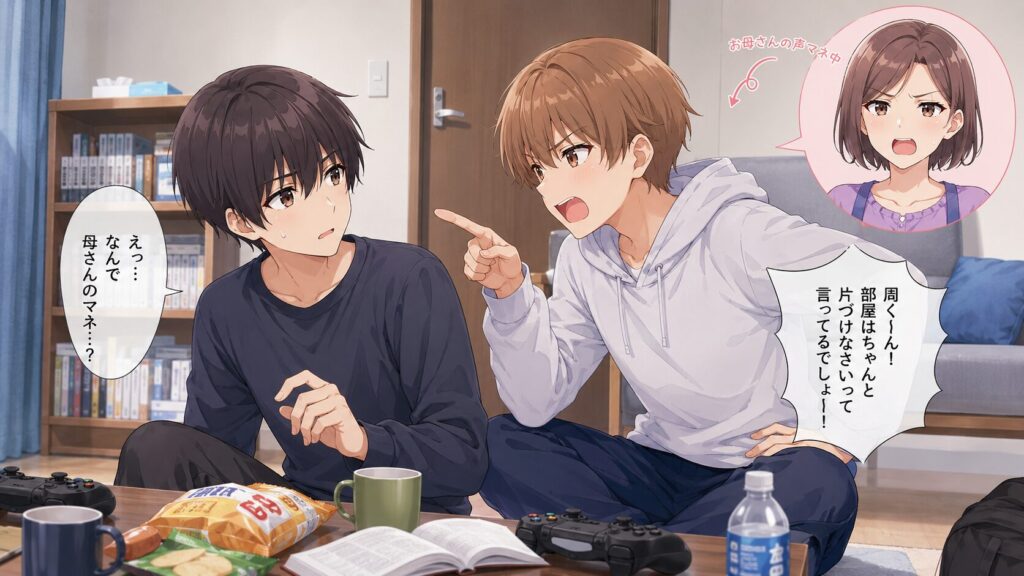 部屋でゲームをしながら談笑する男子高校生二人を描いたアニメ風イラスト。片方の少年が指を差しながら母親の口調を真似しており、もう一人が驚いた表情を見せている。テーブルにはゲームコントローラーやお菓子、飲み物、参考書が置かれている。