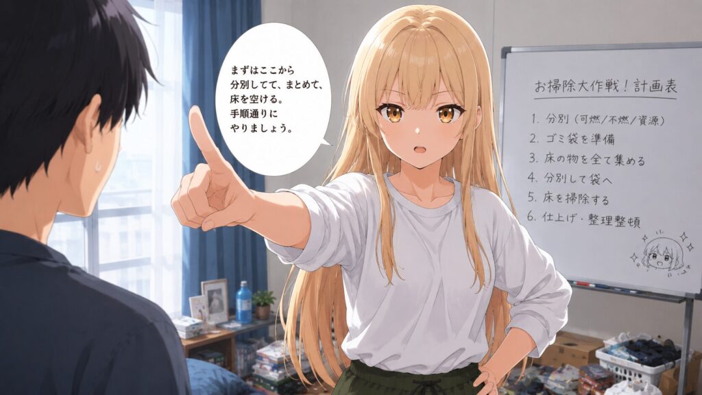 散らかった部屋で金髪の少女が指示を出しながら掃除計画を説明し、少年と一緒に片付けを進めようとするアニメイラスト。