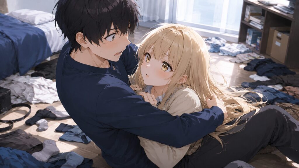 散らかった部屋の床で、転びそうになった金髪の少女を抱きとめた黒髪の少年が、至近距離で見つめ合うアニメイラスト。驚きと戸惑いが入り混じる瞬間を描いている。