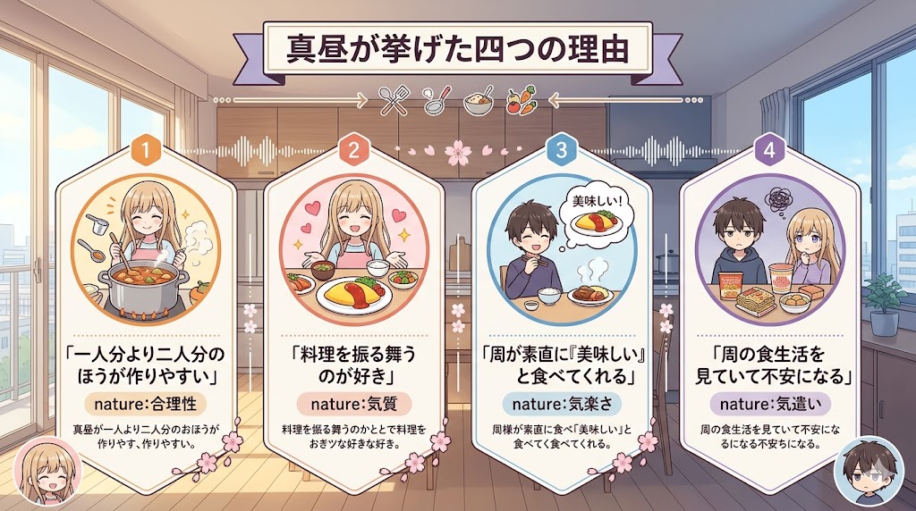 真昼が周のために料理を作る理由を4つの視点から解説したインフォグラフィック。料理が作りやすいこと、料理好きな性格、周がおいしく食べてくれること、周の食生活が心配であることの4項目がイラスト付きで整理されている。