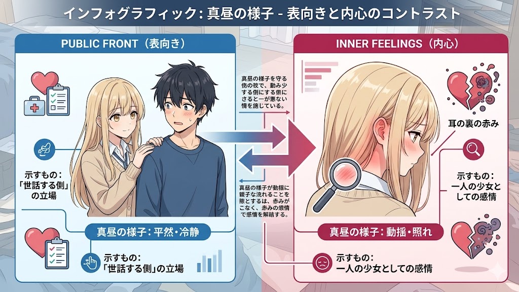 少女の表向きの落ち着いた姿と、耳の裏の赤みで示される内心の動揺や照れを対比して解説したインフォグラフィック。感情表現の違いを視覚的に整理している。