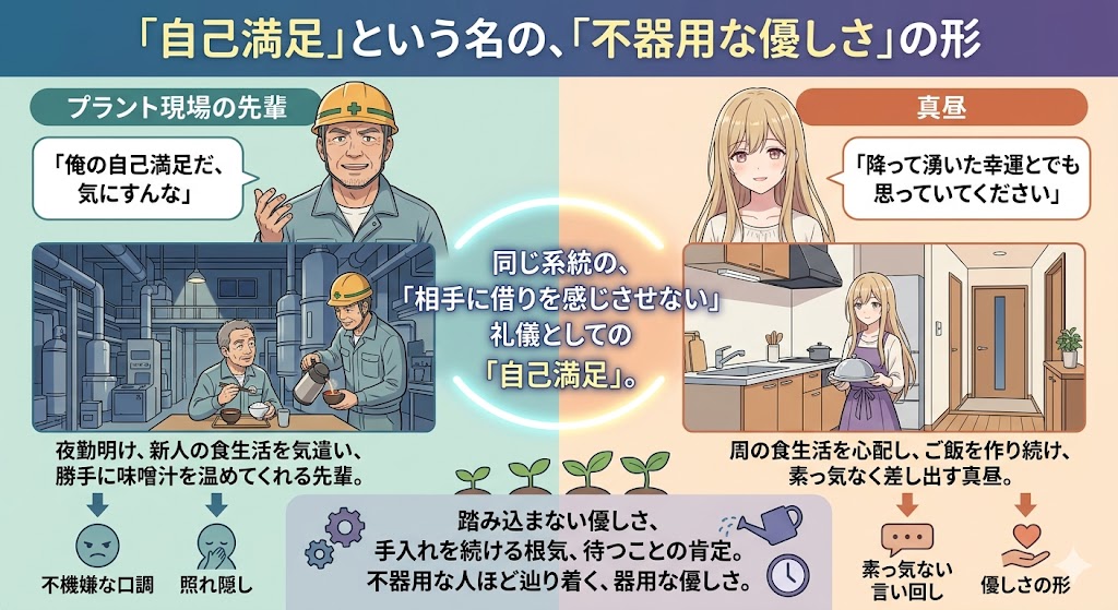 「自己満足」という言葉に込められた優しさを解説する比較インフォグラフィック。プラント現場の先輩と真昼の行動を対比しながら、相手に負担を感じさせない思いやりや、見返りを求めない支援の共通点を紹介している。